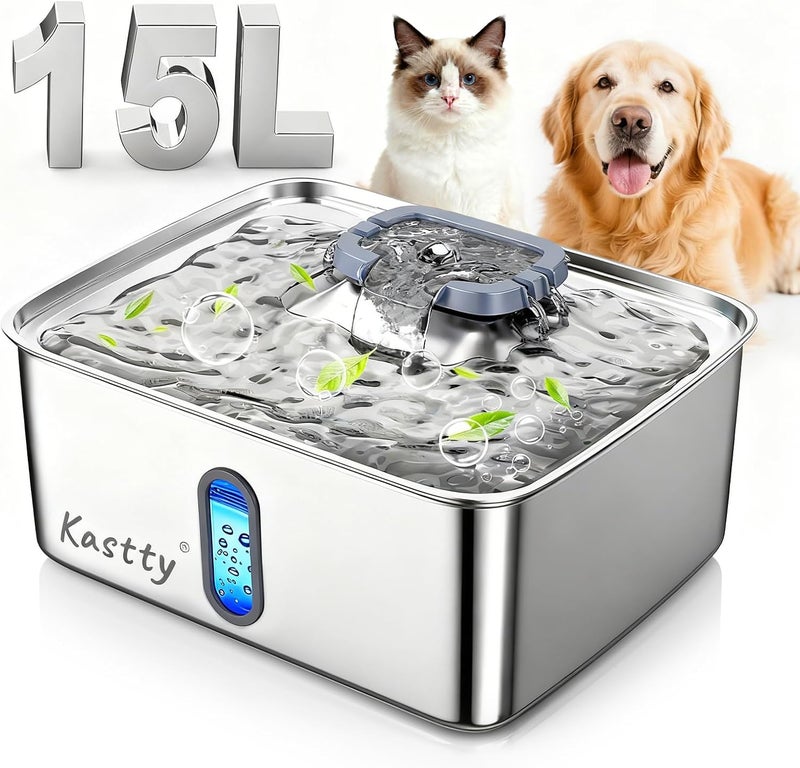 Kastty 4 Gal Dog Water Fountain for Large Dogs,15L Stainless Steel Large Pet Water Fountain, Ultra Quiet Automatic Dog Water Bowl Dispenser with Water Level Window and LED Light(FS78,Grey - Image 1